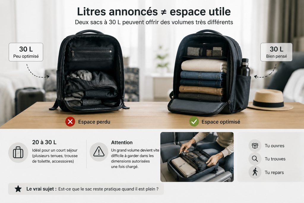 Comparaison de deux sacs de voyage cabine de même volume avec une organisation intérieure différente.