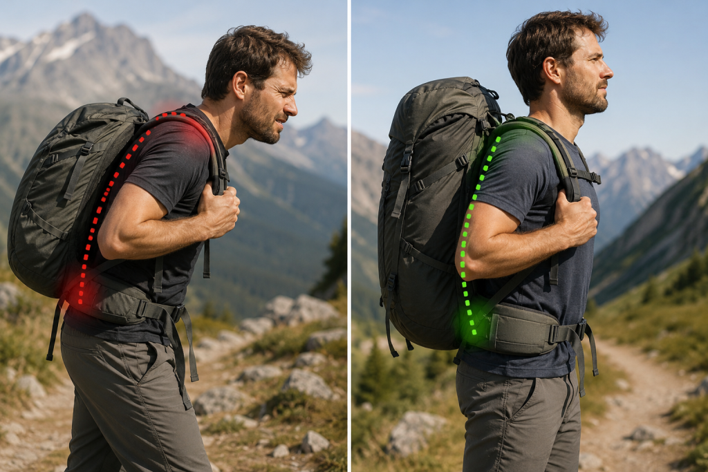 Comparaison entre un sac de randonnée mal réglé et un sac correctement ajusté